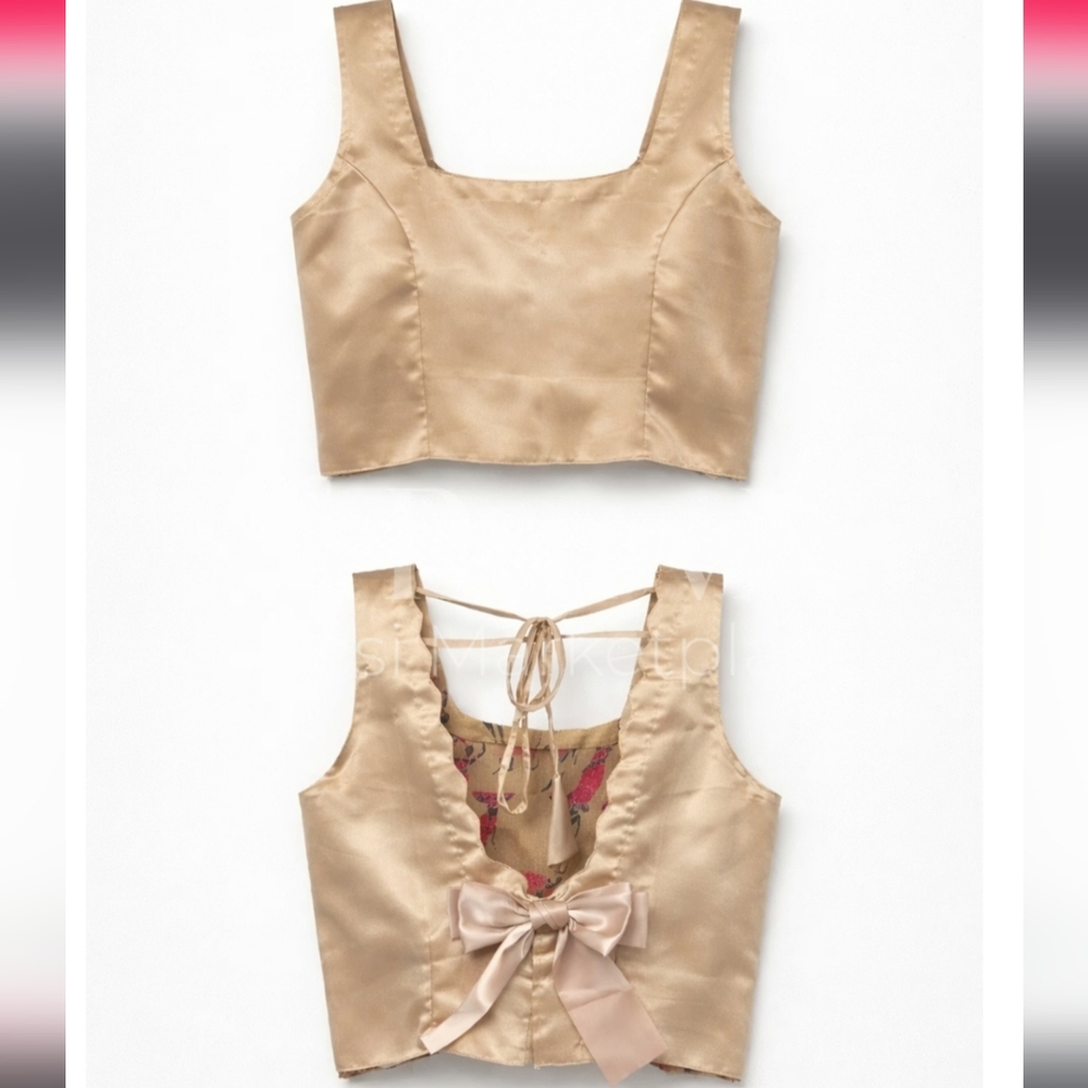 Elegant Gold Satin Crop Top/Saree Blouse with Bow